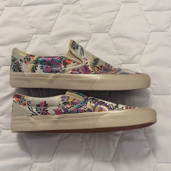Vans Slip-On Floral Embroidered Sneakers - Cream with Pink, Purple, Teal, Gold - Picture 3 of 5